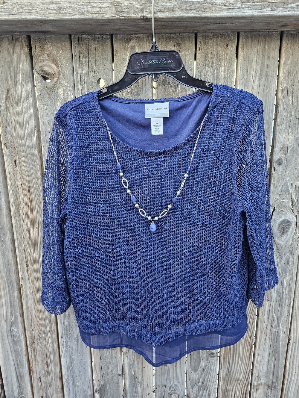Alfred Dunner Open-Knit Layered Top with Beaded Necklace Women's Size M